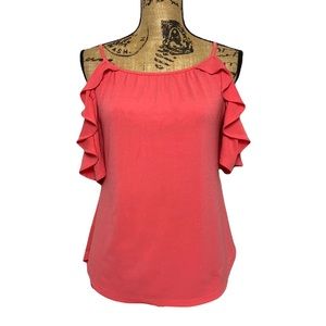 New York & Co. Coral Cold Shoulder Ruffle Scoop Neck Blouse Top XS